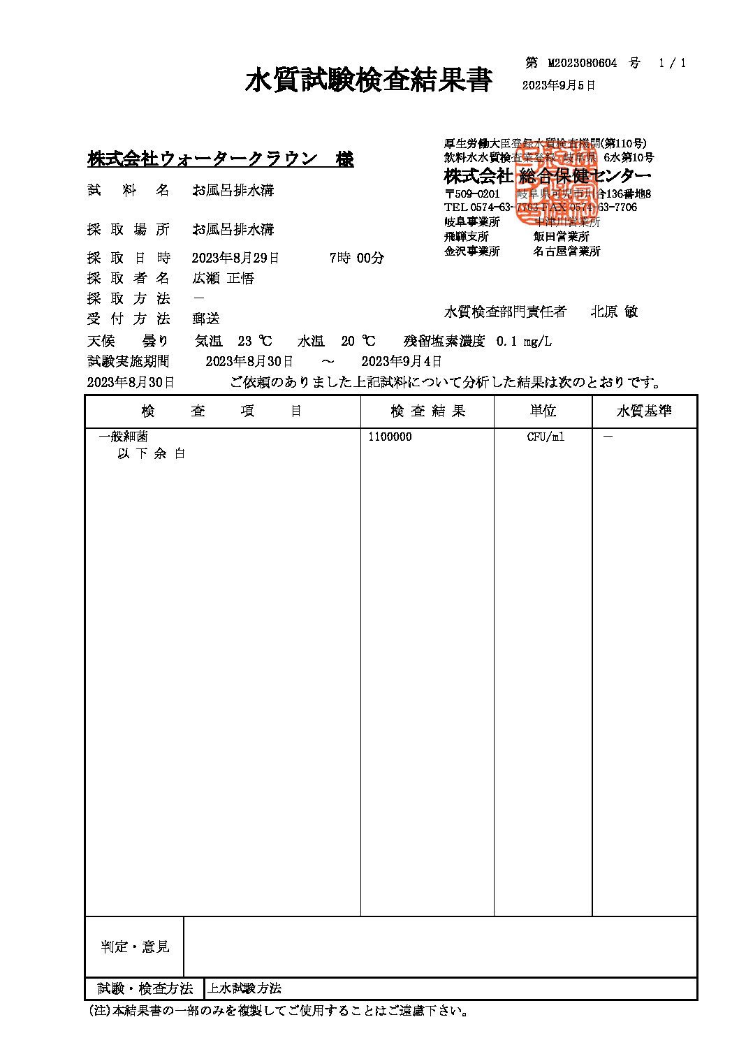 自宅お風呂排水口の水質検査